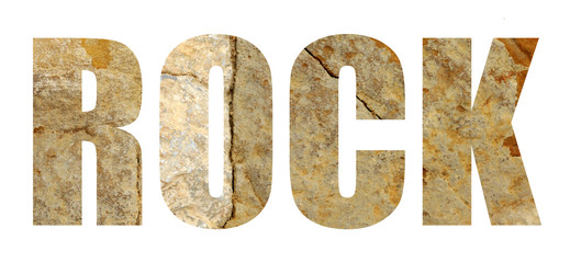 The word 'rock' in rock stone letters on white