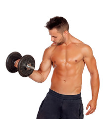 Fototapeta na wymiar Muscled guy lifting weights