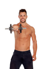 Fototapeta na wymiar Muscled guy lifting weights