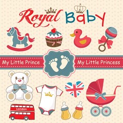 Set of retro style design elements for royal baby