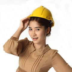 Engineer woman touch the hat