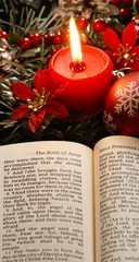 Open Bible and Christmas decorations.
