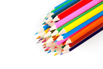 Coloring pencils bundled together on white background