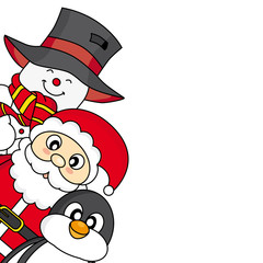 Christmas card. Santa, snowman and penguin