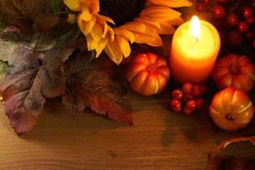 Autumn arrangement on wooden background with copy space.