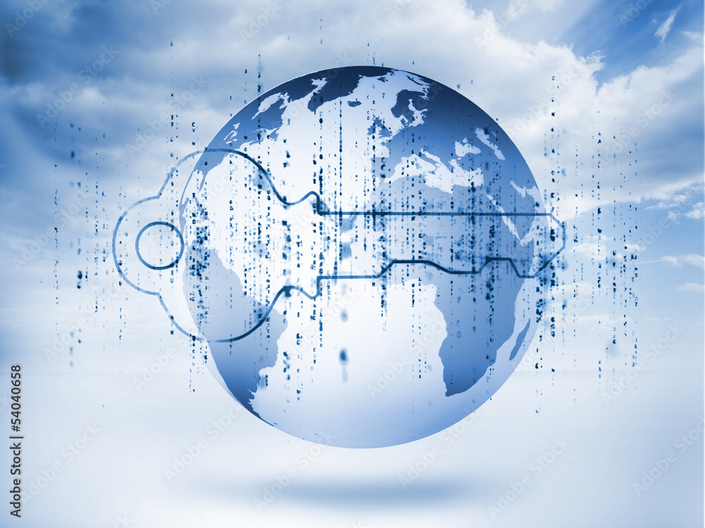 Aufkleber digital blue key with matrix and a planet