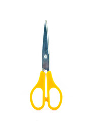 Yellow old scissors isolated on a white background