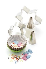 Baking ingredients on white background