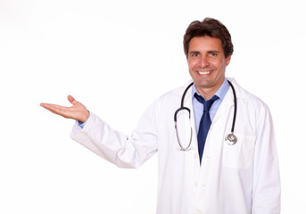 Professional medical doctor holding out his palm