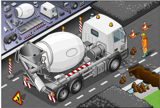 Isometric Cement Mixer Truck In Rear View