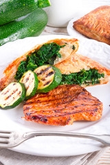 grilled steaks with puff pastry bag and zucchini