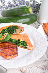 grilled steaks with puff pastry bag and zucchini