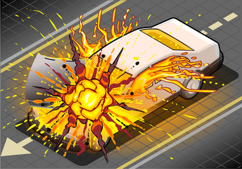 Isometric White Car in Explosion in