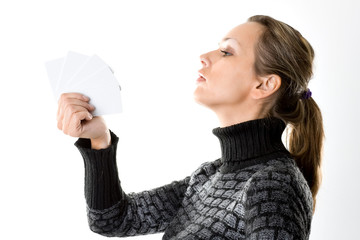 Woman with blank Cards on white