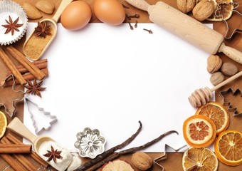 Baking utensils, spices and food ingredients with copy space.
