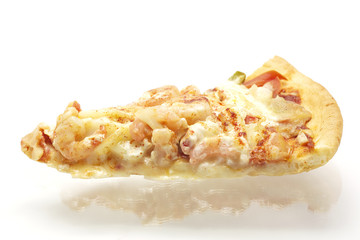 Delicious slice of pizza with seafood isolated on white