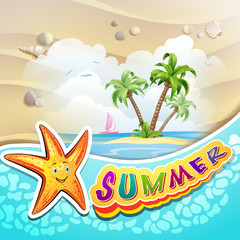 Fototapeta na wymiar Summer beach with palm trees and starfish