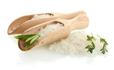 salt with fresh rosemary and thyme isolated on white