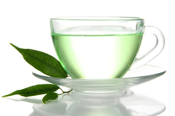 Transparent cup of green tea, isolated on white
