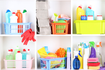 Shelves in pantry with cleaners for home close-up