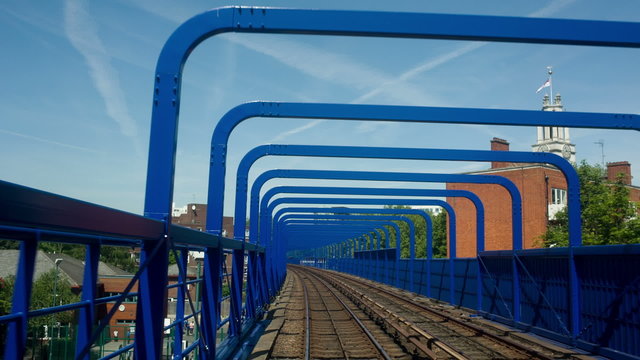 canary wharf in london, shot from the docklands light railway