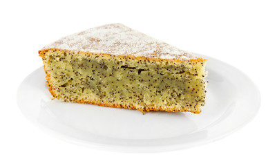 Delicious poppy seed cake isolated on white