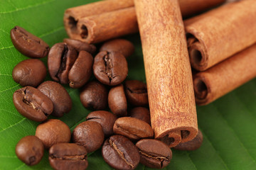 Coffee grains and cinnamon on sackcloth on green leafs close-up