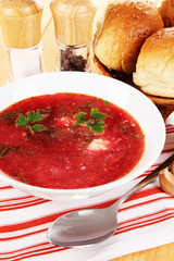 Delicious borsch on table close-up