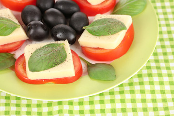 Cheese mozzarella with vegetables in plate on table
