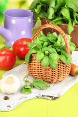 Fresh herb in basket on wooden table on natural background