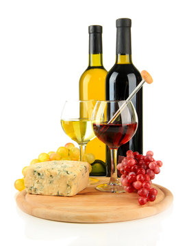 Wine, tasty blue cheese and grape, isolated on white