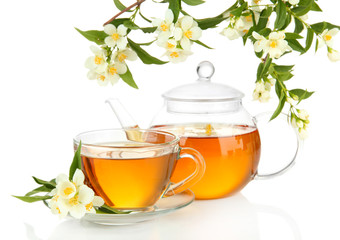 Cup of tea with jasmine, isolated on white