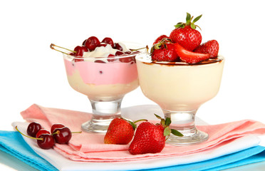Delicious strawberry and cherry desserts in glass vase isolated