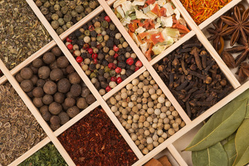 Spices in wooden box