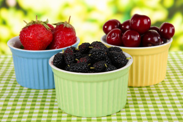 Ripe mulberries with cherry and strawberries in bowls
