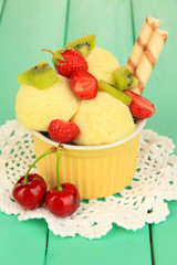 Delicious  ice cream with fruits and berries in bowl