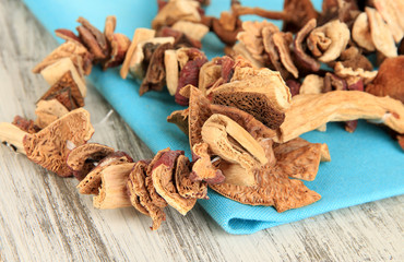 Dried mushrooms on wooden background