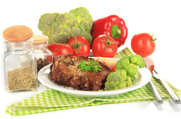 Piece of fried meat on plate isolated on white
