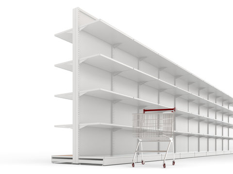 An empty shopping trolley cart and shop shelves