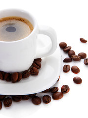 Cup of coffee with coffee beans, isolated on white