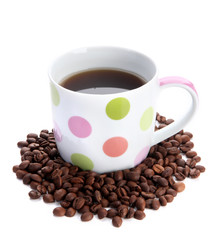 Cup of coffee with coffee beans, isolated on white