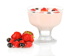 Delicious yogurt with fruit isolated on white