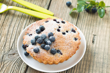 Homemade mini fresh blueberry pies on white plate