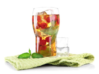 Iced tea with raspberries and mint isolated on white