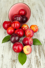 Ripe plums on wooden table close-up