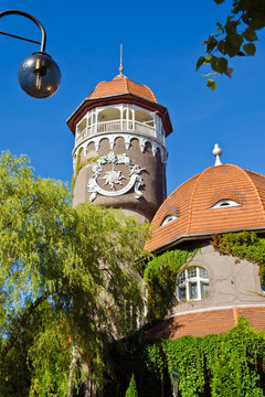 Water tower - symbol of city Svetlogorsk (Raushen), Russia