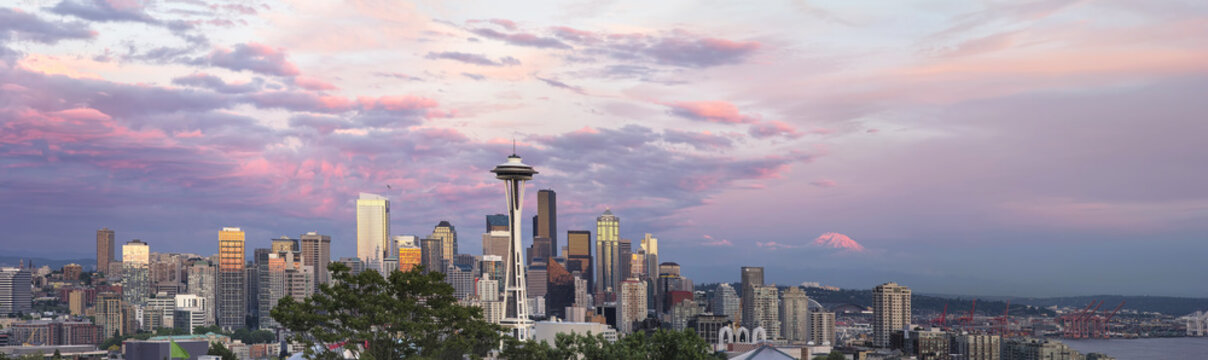 Seattle City Downtown Skyline at Sunset Panorama