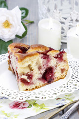 Piece of cake on white plate