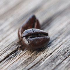 Closeup of coffee beans on grunge wooden