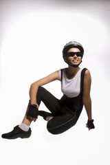 isolated image of a smiling caucasian female cycling athlete